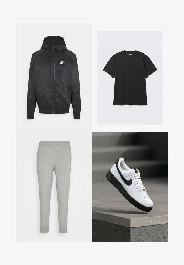 Čierna nylonová bombrová bunda s kapucňou, zipsovým uzáverom, elastickými manžetami a ramennými panelmi. Obsahuje malé biele logo Nike na hrudi.; Čierne tričko s krátkym rukávom vyrobené z bavlny. Má okrúhly výstrih a voľný strih. Jednoduchý dizajn bez vzorov alebo akcentov.; Šedé tepláky z jemnej látky s úzkym strihom, elastickým pásom a malým bielym logom Nike na ľavom stehne.; Biela kožená teniska s čiernymi akcentmi, zaoblenou špičkou a perforovanými detailmi. Čierna gumová podrážka s textúrovaným vzorom a šnurovanie na šnúrky.