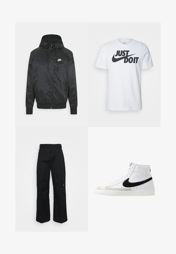 Čierna nylonová bombrová bunda s kapucňou, zipsovým uzáverom, elastickými manžetami a ramennými panelmi. Obsahuje malé biele logo Nike na hrudi.; Biely bavlnený tričko s výrazným čiernym logom "Just Do It" a Nike swoosh. Klasický strih s okrúhlym výstrihom a krátkymi rukávmi.; Čierne nohavice z odolnej látky, s rovnými nohavicami, opaskovými závesmi a malým logom na dolnej strane.; Biele vysoké tenisky s čiernym swooshom, textúrovanou šedou špičkou a plochou bielou podrážkou. Obsahujú šesť dierok na šnúrky a prešívané akcenty.