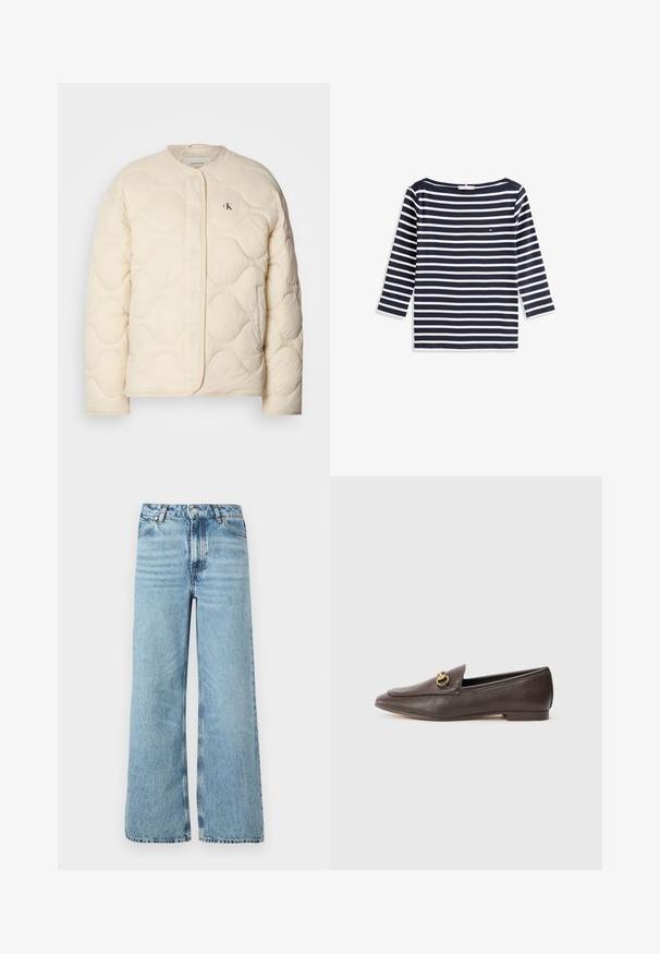 Calvin Klein Jeans INSULATED LINER JACKET - Veste d'hiver - fog; Chemise à rayures bleu marine et blanche à manches longues avec un col large et un petit logo sur la poitrine, fabriquée en tissu en coton doux.; Jean wide leg bleu clair en denim, doté d'une taille haute, d'un design à cinq poches et de coutures contrastées le long des coutures.; Mocassins en cuir marron avec un bout pointu, ornés d'une accent en doré à l'avant et d'une semelle plate. Texture lisse dans l'ensemble.