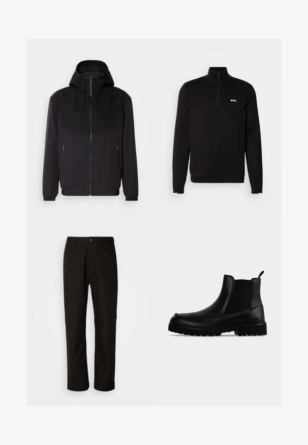 Veste noire zippée avec capuche, présentant un panneau supérieur texturé avec des rayures, des poignets élastiques et deux poches latérales zippées.; Pull-over noir à demi-zip en tissu tricoté doux. Il présente un col montant, des manches longues et un logo BOSS blanc sur la poitrine.; Pantalon en coton noir avec une coupe droite, des passants de ceinture, une fermeture éclair à l'avant et un seul bouton. Texture lisse sans motifs visibles.; Bottine noire en cuir avec semelle texturée, panneaux latéraux élastiques et languette de tirage sur fond gris clair.
