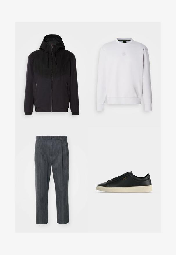 Veste noire zippée avec capuche, présentant un panneau supérieur texturé avec des rayures, des poignets élastiques et deux poches latérales zippées.; Sweatshirt blanc fabriqué en tissu lisse, avec uncol rond, des poignets côtelés et un logo hexagonal discret sur la poitrine. Design simple.; Pantalons gris à rayures avec une coupe droite, dotés d'une fermeture à bouton et d'une texture de tissu lisse. Coupe ajustée avec des plis.; Baskets basses en cuir noir avec semelle blanche, lacets noirs et petit logo BOSS doré sur le côté.