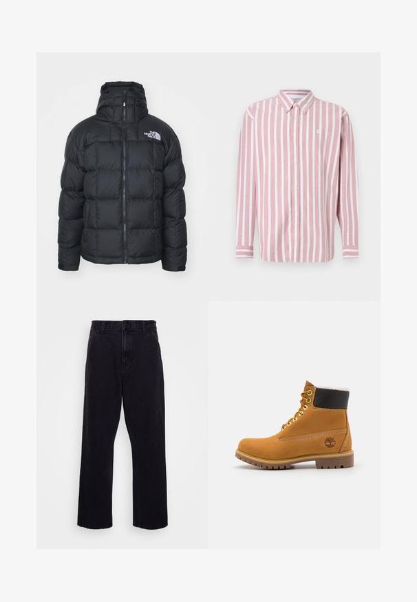 Veste matelassée noire avec fermeture éclair, col montant et design matelassé. Accent logo sur le haut du côté gauche de la poitrine. Texture douce et rembourrée.; Chemise à boutons rayée rose et blanche. Comprend un col, des manches longues et un petit logo. Fabriquée en tissu tissé.; Pantalons en denim noir avec une coupe droite, dotés d'une fermeture à bouton et à zip, de passants de ceinture et de coutures minimales.; Bottine en cuir brun avec œillets en métal, doublure en fourrure blanche, col rembourré noir, semelle robuste et logo en relief sur le côté.