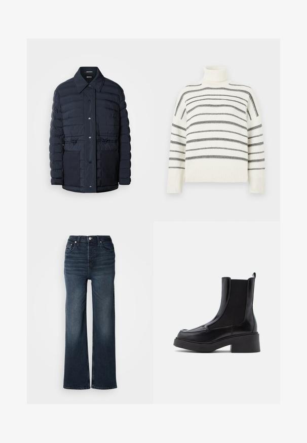 Marineblå pufferjakke med knaplukning, der har krave, to forlommer og en indsnævret taljedesign. Glat tekstur med quiltet mønster.; Hvidt turtle neck-sweater med sorte vandrette striber. Har ribbede kanter ved halsen og ærmerne. Blød tekstur, afslappet pasform og strikket design.; Mørkeblå brede jeans lavet af denim. Høj talje med knaplukning foran og sidelommer. Glat tekstur og klassisk snit.; Sorte chelsea støvler med en kraftig hæl, der har en blank læderoverdel og elastiske sidepaneler for nem påføring. Solid gummisål.