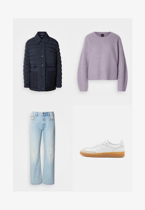 Marineblauer Puffermantel mit Knopfverschluss, ausgestattet mit einem Kragen, zwei Vordertaschen und einem taillierten Design. Glatte Textur mit gesteppetem Muster.; Hellpurpurener Strickpullover mit rundem Ausschnitt, überschnittenen Schultern und gerippter Textur. Verfügt über ein dezentes Stichmuster entlang der Nähte.; Helle blaue weit geschnittene Jeans aus Denim, mit einem klassischen Fünf-Taschen-Design und einer dezenten, gewaschenen Textur. Die Denim-Nähte sind sichtbar.; Weiße Ledersneaker mit beigen Wildlederakzenten, Gummi-Rahmen und Schnürdesign. Verfügt über dezente Markenkennzeichnung in Gold.