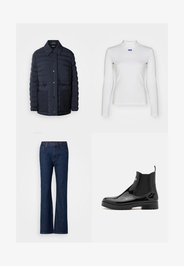 Marineblauer Puffermantel mit Knopfverschluss, ausgestattet mit einem Kragen, zwei Vordertaschen und einem taillierten Design. Glatte Textur mit gesteppetem Muster.; Weißes langärmliges Rollkragenshirt aus dehnbarem Material mit taillierter Passform und kleinem blauen Logo auf der Brust.; Ausgestellte blaue Denim-Jeans mit hohem Bund, die eine glatte Textur, einen Metallknopfverschluss und ein Fünf-Taschen-Design aufweisen.; HUGO TABITA - Gummistiefel - black