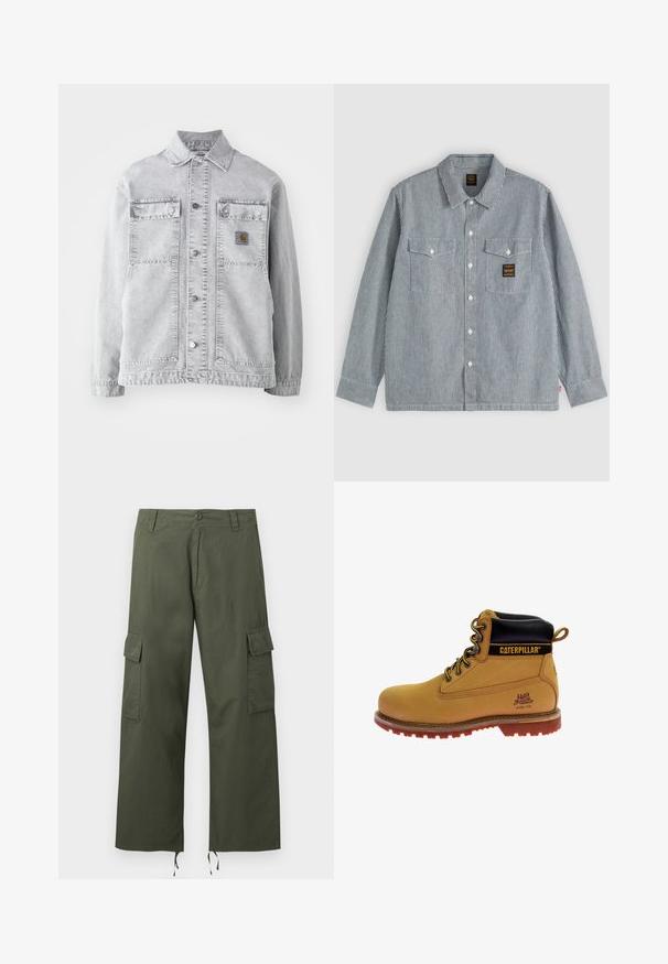 Lichtgrijze denimbomberjack met een puntkraag, twee voorzakken, drukkers en een subtiele logo-opdruk op de borst.; Overhemd met lange mouwen en knopen met dunne verticale zwarte en witte strepen, twee voorzakken met kleppen en een kleine zwarte patch op de rechterzak.; Olijfgroene cargobroek met zijflapzakken, knoopsluiting, riemlussen en verstelbare trekkoorden aan de brede pijpzomen.; Tan leren werklaars met zwarte kraag, stalen neuzen, bruine rubberen zool, oranje accenten en logo-detail aan de zijkant.