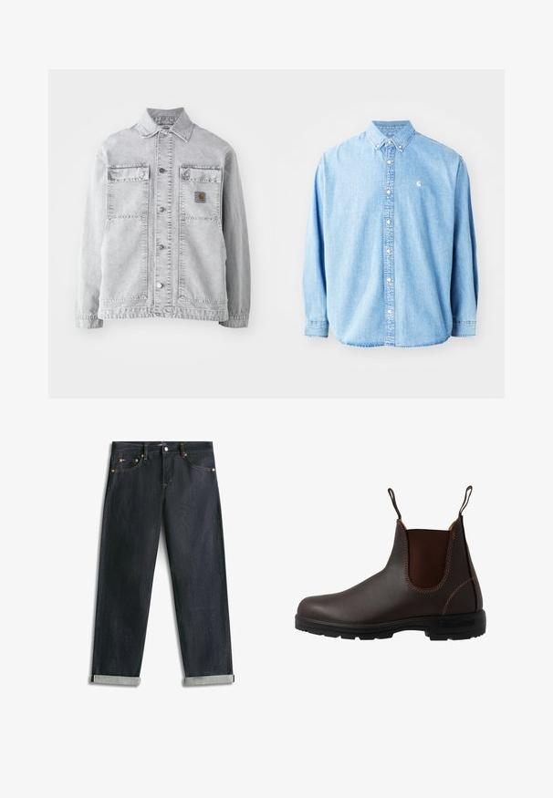 Chaqueta de mezclilla gris claro con cuello tipo punta, dos bolsillos frontales, botones a presión y un sutil parche con logo en el pecho.; Camisa de mezclilla azul claro, con botones y mangas largas, cuello puntiagudo y un pequeño logotipo en el lado izquierdo del pecho. Presenta un corte relajado y un diseño clásico.; Vaqueros de mezclilla azul oscuro con puños enrollados, cinco bolsillos y costuras de contraste, extendidos planos sobre un fondo blanco.; Bota Chelsea de cuero marrón con panel elástico lateral, costuras marrones, tiradores y suela de goma resistente con un patrón texturizado.