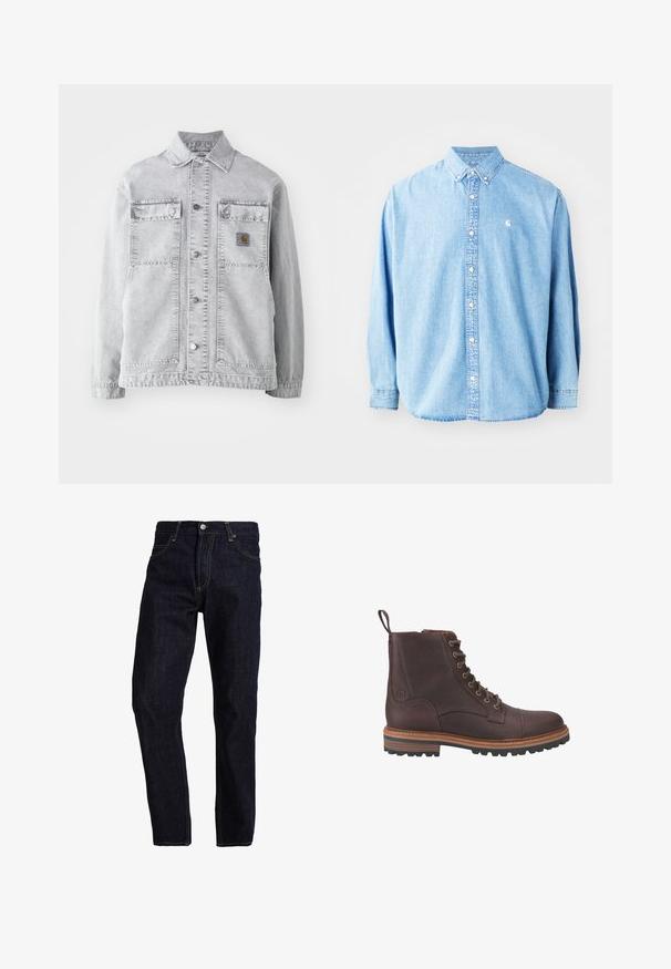 Chaqueta de mezclilla gris claro con cuello tipo punta, dos bolsillos frontales, botones a presión y un sutil parche con logo en el pecho.; Camisa de mezclilla azul claro, con botones y mangas largas, cuello puntiagudo y un pequeño logotipo en el lado izquierdo del pecho. Presenta un corte relajado y un diseño clásico.; Vaqueros de mezclilla azul oscuro con un corte recto, que presentan costuras amarillas, cinco bolsillos y un cierre clásico de botón y cremallera.; Botas de piel marrón con cordones hasta el tobillo, acabado texturizado, suelas beige contrastantes y ojales metálicos. Incluyen una lengüeta para facilitar su puesta.