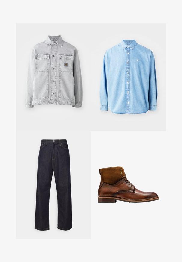 Veste en denim gris clair avec un col pointu, deux poches avant, des boutons-pression et un discret patch logo sur la poitrine.; Chemise en denim bleu clair à boutons avec manches longues, col pointu et petit logo sur la poitrine gauche. Offre une coupe décontractée et un design classique.; Jean en denim droit bleu foncé avec des coutures jaunes, bouton frontal, fermeture éclair, et cinq poches.; Kazar ALID - Bottines à lacets - brown