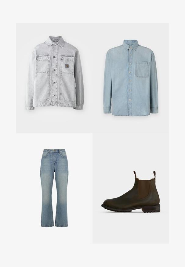 Chaqueta de mezclilla gris claro con cuello tipo punta, dos bolsillos frontales, botones a presión y un sutil parche con logo en el pecho.; Camisa de mezclilla de color azul claro con mangas largas, cierre de botones en la parte delantera y un bolsillo en el pecho. Presenta un cuello clásico y puños estándar.; Vaqueros de denim azul claro de talle alto, corte recto, cierre frontal con botones, trabillas para cinturón y dos bolsillos delanteros.; Bota Chelsea de cuero marrón oscuro con paneles laterales elásticos, tiradores en el tobillo y suela de goma con tacos.