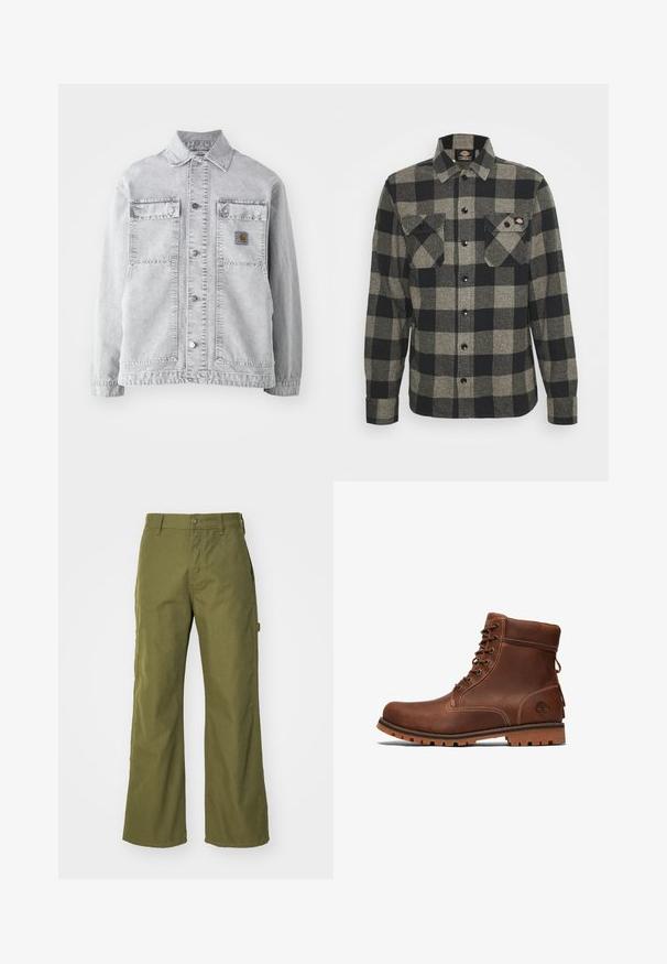 Chaqueta de mezclilla gris claro con cuello tipo punta, dos bolsillos frontales, botones a presión y un sutil parche con logo en el pecho.; Camisa de franela a cuadros en negro y gris con mangas largas, cierre de botones en la parte delantera, dos bolsillos en el pecho y un dobladillo ligeramente curvado. Tejido texturizado.; Pantalones de pernera ancha en verde oliva, confeccionados con una tela resistente, que presentan un cierre de botón, bolsillos laterales y un diseño de dobladillo recto.; Botín de cuero marrón hasta el tobillo con diseño de cordones, cuello acolchado, costuras en contraste y suela de goma con un patrón de textura.