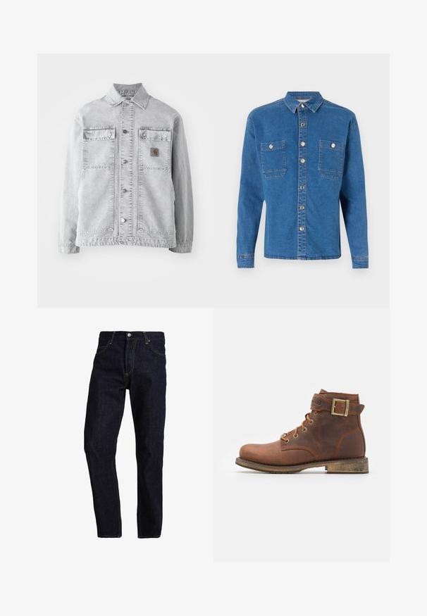 Lichtgrijze denimbomberjack met een puntkraag, twee voorzakken, drukkers en een subtiele logo-opdruk op de borst.; Denim Project DPMDPLOOSE OVERSIZED DENIM SHIRT - Overhemd - mid blue washed; Donkerblauwe spijkerbroek met een rechte pasvorm, voorzien van gele stiksels, vijf zakken en een klassieke knoop- en ritsluiting.; Harley Davidson VNTGMOTO SHORT RIDING APPROVED - Cowboy-/Bikerlaarsjes - brown
