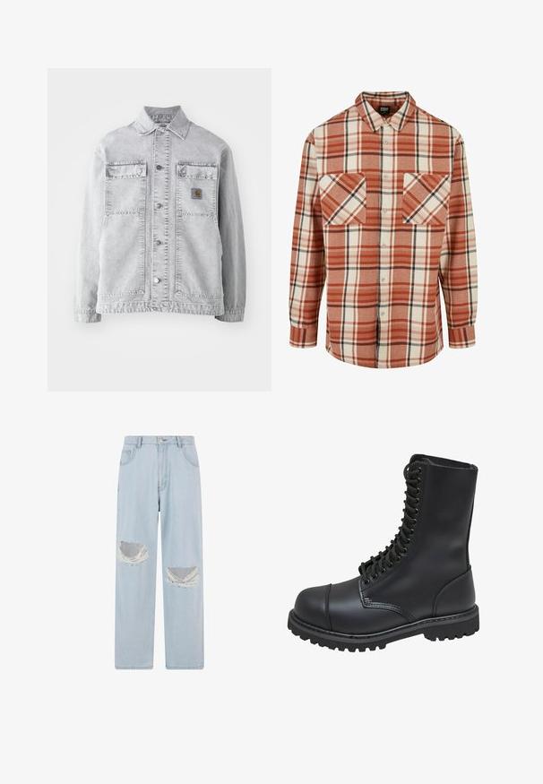Chaqueta de mezclilla gris claro con cuello tipo punta, dos bolsillos frontales, botones a presión y un sutil parche con logo en el pecho.; Camisa a cuadros en naranja y crema, con acentos negros. Hecha de una tela texturizada, con cuello y dos bolsillos en el pecho.; Jeans de mezclilla azul claro con corte de pierna ancha, que presenta dos parches desgastados con bordes deshilachados. Incluye cierre estándar con botón y cremallera.; Bota de combate de cuero negro con caña alta, parte frontal con cordones, cuello acolchado y suela texturizada resistente para un buen agarre. Presenta una puntera reforzada.