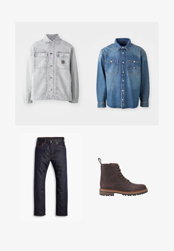 Veste en denim gris clair avec un col pointu, deux poches avant, des boutons-pression et un discret patch logo sur la poitrine.; Chemise en denim bleu moyen, dotée d'un col pointu, de deux poches poitrine et de boutons argentés. Manches longues avec poignets à boutons.; Jeans en denim bleu foncé à jambe droite avec cinq poches et des coutures en contraste orange, posés à plat sur un fond blanc.; Bottes chevilles en cuir marron à lacets avec une finition texturée, semelles beiges contrastantes et œillets métalliques. Comprend une languette pour un enfilage facile.
