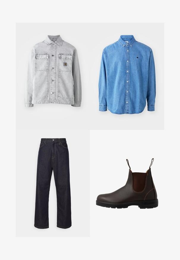 Chaqueta de mezclilla gris claro con cuello tipo punta, dos bolsillos frontales, botones a presión y un sutil parche con logo en el pecho.; Camisa de denim abotonada, de color azul claro, con cuello de punta, mangas largas y un pequeño logotipo en el pecho. Cuenta con botones blancos y costuras cosidas.; Jeans de mezclilla de pierna recta en azul oscuro con costuras amarillas, botón delantero, cremallera y diseño de cinco bolsillos.; Bota Chelsea de cuero marrón con panel elástico lateral, costuras marrones, tiradores y suela de goma resistente con un patrón texturizado.