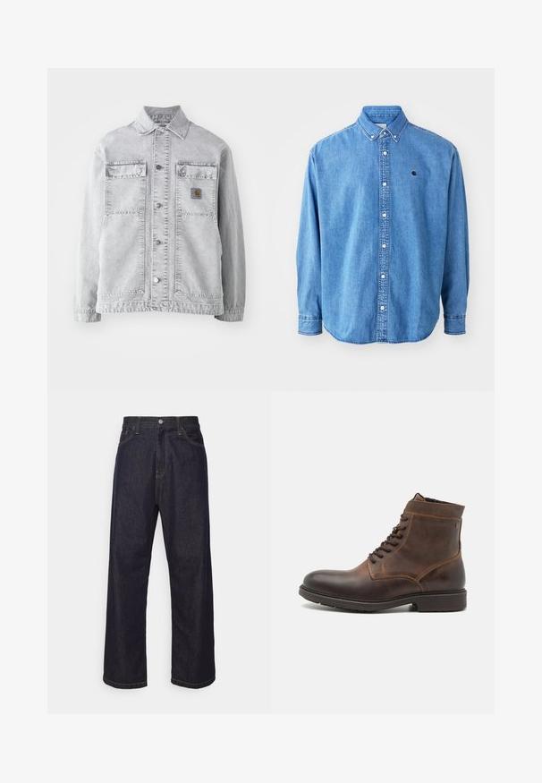 Chaqueta de mezclilla gris claro con cuello tipo punta, dos bolsillos frontales, botones a presión y un sutil parche con logo en el pecho.; Camisa de denim abotonada, de color azul claro, con cuello de punta, mangas largas y un pequeño logotipo en el pecho. Cuenta con botones blancos y costuras cosidas.; Jeans de mezclilla de pierna recta en azul oscuro con costuras amarillas, botón delantero, cremallera y diseño de cinco bolsillos.; Jack & Jones JFWDELANEY BOOT - Botines con cordones - cognac