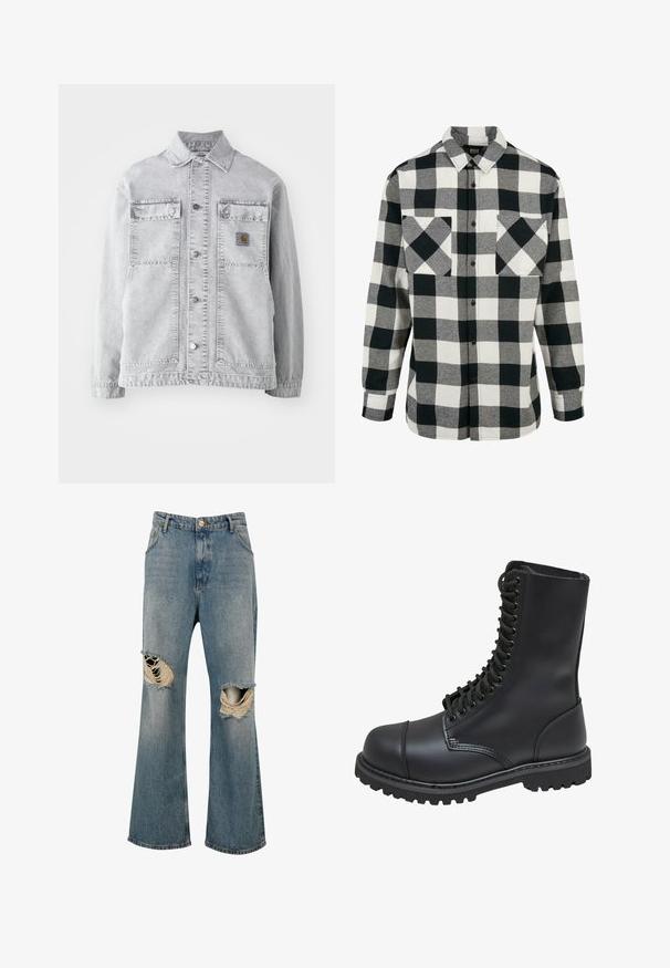 Chaqueta de mezclilla gris claro con cuello tipo punta, dos bolsillos frontales, botones a presión y un sutil parche con logo en el pecho.; Camisa de franela en blanco y negro con un gran patrón a cuadros, mangas largas, cierre de botones en la parte delantera y dos bolsillos en el pecho. Hecha de tela suave.; Vaqueros de mezclilla azul con piernas anchas y grandes agujeros rasgados en ambas rodillas que muestran bordes deshilachados y hilos blancos.; Bota de combate de cuero negro con caña alta, parte frontal con cordones, cuello acolchado y suela texturizada resistente para un buen agarre. Presenta una puntera reforzada.