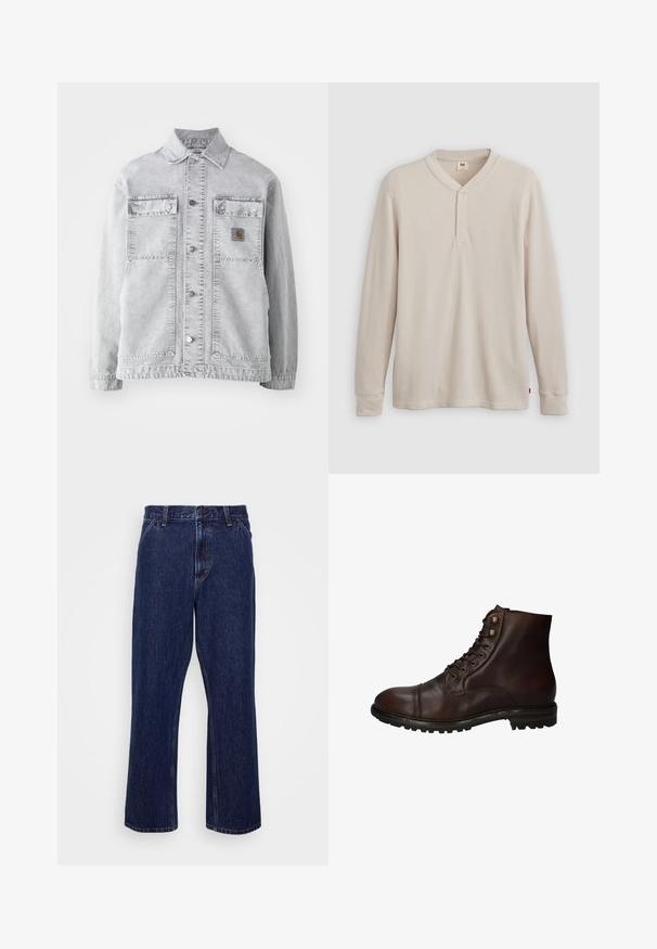Chaqueta de mezclilla gris claro con cuello tipo punta, dos bolsillos frontales, botones a presión y un sutil parche con logo en el pecho.; Camisa tipo henley de manga larga en tejido acanalado color beige claro, con escote en V,tapeta de tres botones, y mangas con puños. Etiqueta de logo roja en el dobladillo.; Jeans de mezclilla azul oscuro con un diseño de pierna recta, que cuentan con un cierre de botón, estilo de cinco bolsillos y detalles de costura sutiles.; Bota de tobillo de cuero marrón oscuro con cordones, suela de goma resistente y ojales de metal, vista desde el lado exterior.