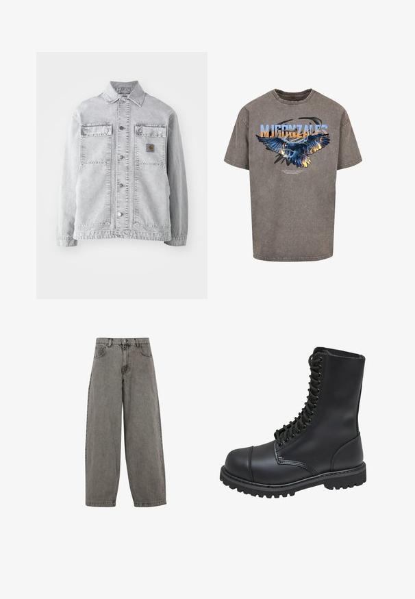 Lichtgrijze denimbomberjack met een puntkraag, twee voorzakken, drukkers en een subtiele logo-opdruk op de borst.; Grijs T-shirt met korte mouwen met een grote afbeelding van een adelaar met blauwe en oranje vlammen. Bovenaan staat de tekst "MJ GONZALES" in vette letters.; Grijze denimbroek met een hoge taille, wijd gesneden pijpen, klassiek vijf-pocket ontwerp en een knoopsluiting aan de voorkant. Licht gestructureerde afwerking.; Zwarte leren gevechtslaars met een hoge schacht, vetersluiting aan de voorkant, gewatteerde kraag en een stevige, gestructureerde zool voor grip. Bevat een versterkte neus.