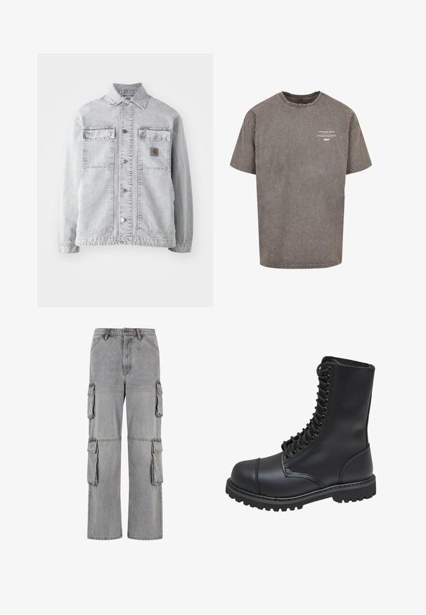 Chaqueta de mezclilla gris claro con cuello tipo punta, dos bolsillos frontales, botones a presión y un sutil parche con logo en el pecho.; Camiseta de algodón gris de gran tamaño con escote redondo, mangas cortas, textura desgastada y texto blanco impreso en la parte frontal.; Pantalones cargo grises de mezclilla; presentan múltiples bolsillos laterales, un corte relajado y costuras contrastantes a lo largo de las costuras.; Bota de combate de cuero negro con caña alta, parte frontal con cordones, cuello acolchado y suela texturizada resistente para un buen agarre. Presenta una puntera reforzada.