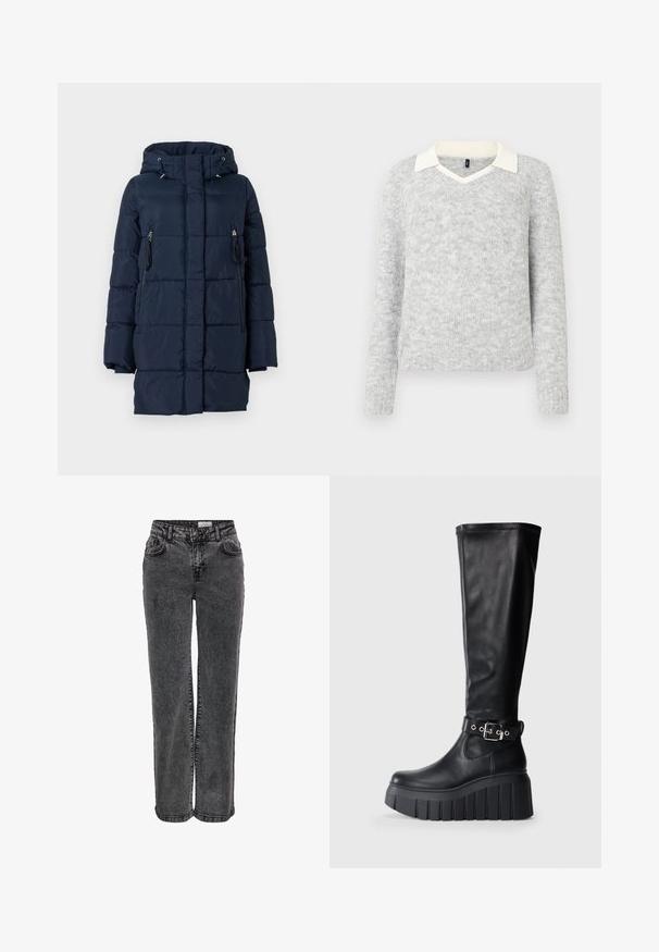 Námornícko modrá puffa bunda s kapucňou, ktorá má bočné vrecká na zips a prešívaný dizajn. Vyrobená z hladkého, ľahkého materiálu.; Svetlá šedá pletená svetrová bunda s bielym detailom goliera do V a rebrovanými okrajmi a manžetami, vystavená na bielom pozadí.; Čierne džínsy z denimu so strihom rovného nohavice, obsahujúce predné vrecká, pútka na opasok a jemnú vyblednutú textúru.; Čierne vysoké čižmy až po kolená vyrobené z hladkej kože, s hrubou platformou, masívnym podpätkom a nastaviteľným pásikom pri členku.