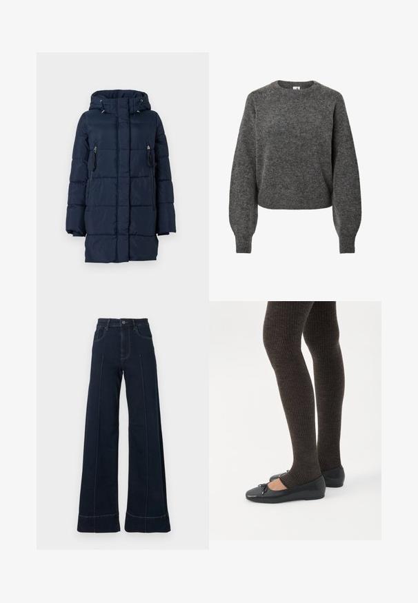 Námornícko modrá puffa bunda s kapucňou, ktorá má bočné vrecká na zips a prešívaný dizajn. Vyrobená z hladkého, ľahkého materiálu.; Tmavošedý vlnený sveter s dlhým rukávom, okrúhlym výstrihom a mierne „balónovými“ rukávmi, pletená štruktúra a rebrované manžety a lem.; Tmavomodré, široké džínsy s vysokým pásom, ktoré majú predné vrecká a viditeľné švy. Vyrobené z denimovej látky s hladkým povrchom.; Nohy v tmavých pásikavých legínach v kombinácii s čiernymi balerínkami s malými mašličkami na bielom pozadí.
