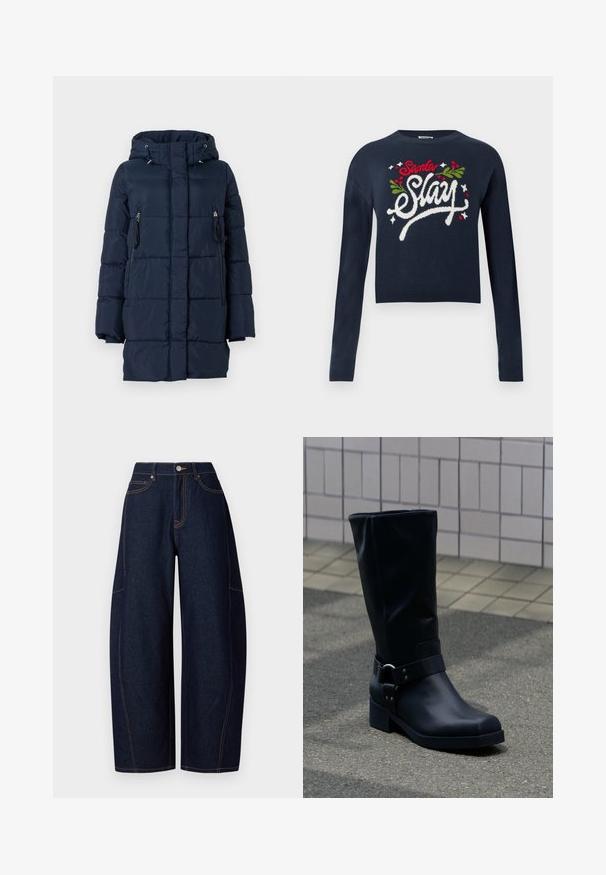 Mørkeblå dunjakke med hætte, der har lynlåslommer på siderne og en quiltet design. Fremstillet af et glat, let materiale.; Marineblå cropped sweater med lange ærmer. Har teksten "Santa Slay" broderet i hvid, rød og grøn med misteltein accenter. Blød strikstruktur.; Bredde ben mørkeblå denimbukser med kontrasterende orangetråd, fem lommer og en knap- og lynlåslukning i taljen.; Sort læderstøvle midt på læggen med lav blokhæle og en dekorativ rem med metal spænde rundt om anklen, på en flisebelagt fortov.