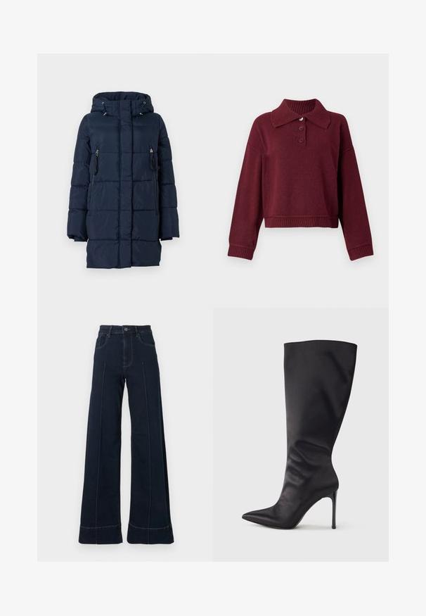 Mørkeblå dunjakke med hætte, der har lynlåslommer på siderne og en quiltet design. Fremstillet af et glat, let materiale.; Bordeaux pullover med krave, tre knapstolper og ribbet kant ved nederdel og manchetter. Blød tekstur med en afslappet pasform.; Mørkeblå, vide jeans med høj talje, der har forlommer og synlige sømme. Lavet af denimstof med en glat tekstur.; Sort knæhøj stiletstøvle lavet af glat, glansfuldt materiale; spids tå; tætsiddende pasform med let samling nær anklen; skinnende hæl.