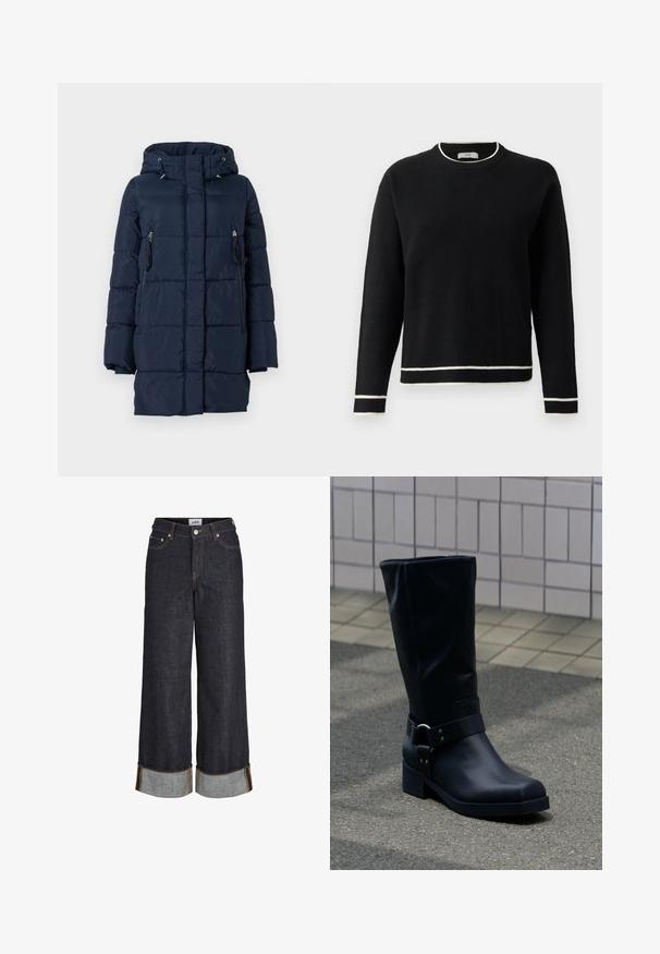 Mørkeblå dunjakke med hætte, der har lynlåslommer på siderne og en quiltet design. Fremstillet af et glat, let materiale.; Sort langærmet crewneck sweater med hvid kant ved kraven, manchetterne og kanten, vist på en ensfarvet hvid baggrund.; Mørkeblå jeans med brede ben og opbuk ved kanterne, fem lommer og kontrastfuld gul syning.; Sort læderstøvle midt på læggen med lav blokhæle og en dekorativ rem med metal spænde rundt om anklen, på en flisebelagt fortov.