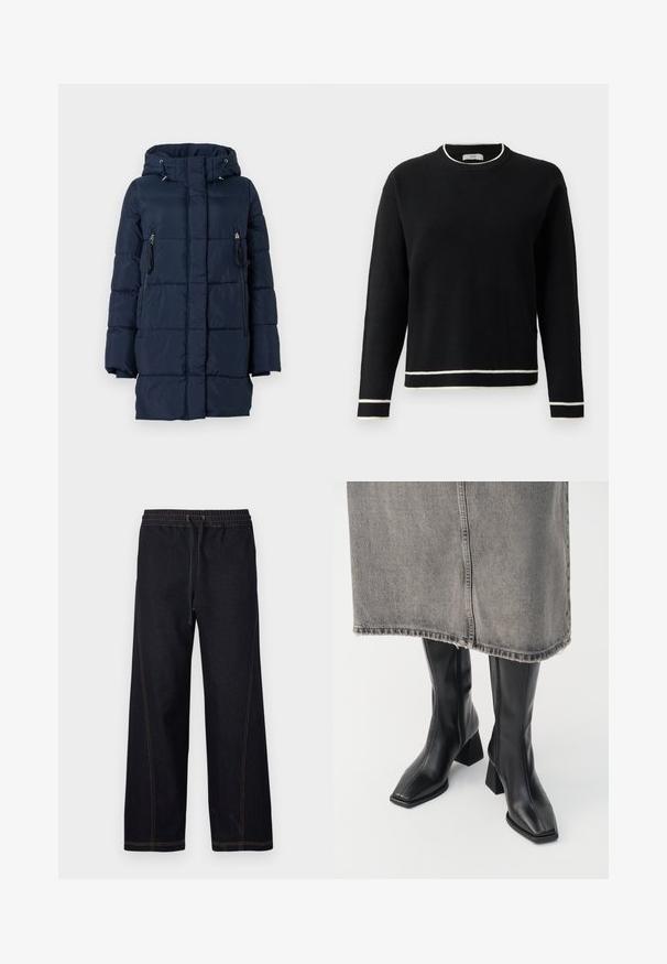 Mørkeblå dunjakke med hætte, der har lynlåslommer på siderne og en quiltet design. Fremstillet af et glat, let materiale.; Sort langærmet crewneck sweater med hvid kant ved kraven, manchetterne og kanten, vist på en ensfarvet hvid baggrund.; Mørke denimbukser med vidde ben med elastik i taljen og snøre, kontrasterende orange syninger samt lige og rene linjer.; Sorte knæhøje støvler i glat læder med firkantet tå og blokeret hæl. Båret med en grå denimnederdel med flosset kant.