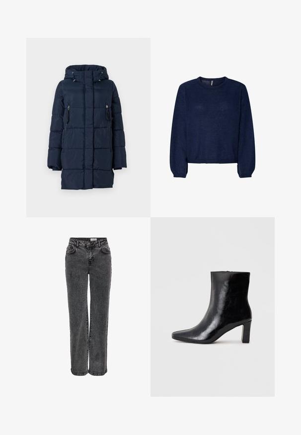Mørkeblå dunjakke med hætte, der har lynlåslommer på siderne og en quiltet design. Fremstillet af et glat, let materiale.; Marineblå strikket sweater med rund halsudskæring, lange ærmer og cropped kant. Blød tekstur, ingen synlige mønstre eller udsmykninger.; Sorte denimjeans med lige ben, der har forlommer, bæltestropper og en subtil, falmet tekstur.; Sorte ankelstøvler lavet af blank læder, med spidse tæer og en mellemstor blokhæl, med en glat tekstur og et enkelt design.