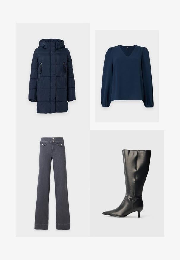 Mørkeblå dunjakke med hætte, der har lynlåslommer på siderne og en quiltet design. Fremstillet af et glat, let materiale.; Marineblå bluse med lange ærmer, V-hals, let puffede skuldre og elastiske manchetter på ærmerne mod en ensfarvet baggrund.; Mørkegrå jeans med høj talje og vide ben, med to forlommer med klap og sølvfarvede knapper på ensfarvet baggrund.; Sort knæhøj læderstøvle med spids tå og lav kittenhæl, vist på en enkel lys baggrund.