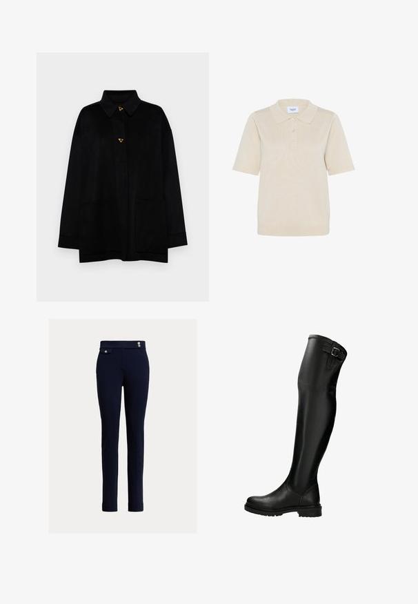 AERON CRANE JACKET - Klassisk frakke - black; Beige kortærmet polo-shirt lavet af blødt stof med flad krave, fem-knap lukning og ribbede detaljer i kanten.; Marineblå slim-fit bukser med høj talje, der har dekorative knapper og en lille klaplomme på højre side.; Sorte knæhøje støvler lavet af glat læder med rundet tå, tyk sål, en sidebule, og et tætsiddende design.