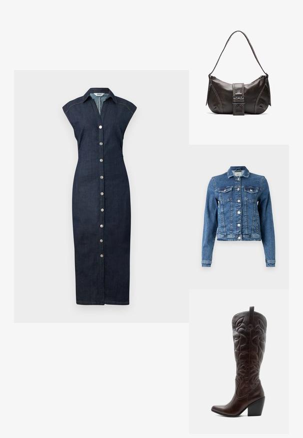 Denimjakke i mellemblå med et klassisk design, fem knapper, to brystlommer og lange ærmer. Har en let slidt tekstur.; Denimkjole med knaplukning foran, krave, korte ærmer og tætsiddende silhuet, i en mørk vask med subtile stikninger.; Høj mørkebrun læder cowboystøvle med syede dekorative mønstre, spids tå og stablet blokhæle.; Brun læder skuldertaske med en buet form, der har et fremtrædende spænde, kontrasterende syninger og en enkelt skulderrem.