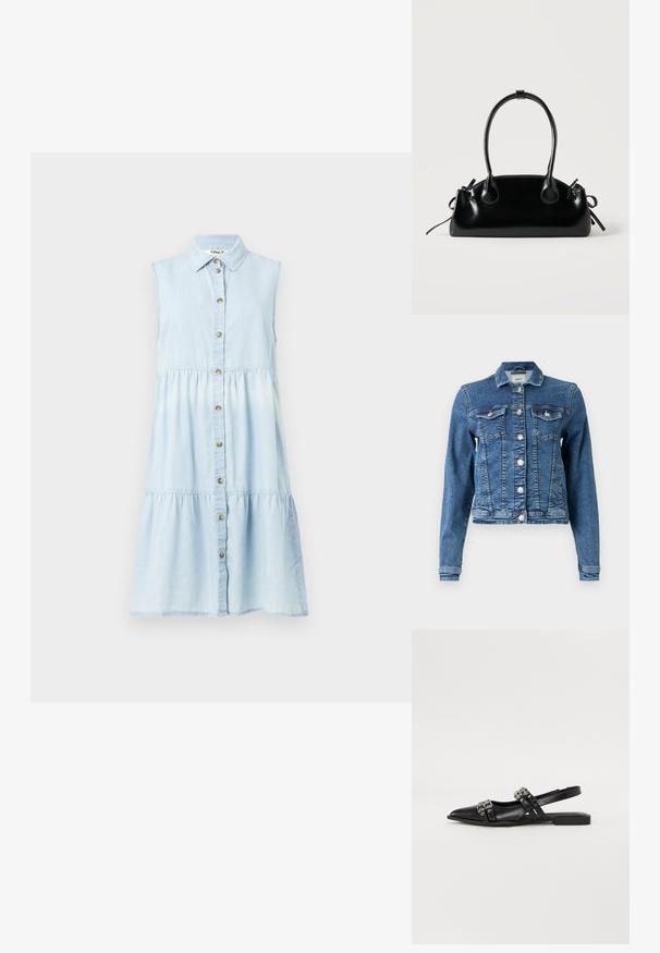 Denimjakke i mellemblå med et klassisk design, fem knapper, to brystlommer og lange ærmer. Har en let slidt tekstur.; Lyseblå denimkjole med krave, ærmeløs design, knaplukning foran og lagdelt skørt. Har en afslappet pasform og blød tekstur.; Even&Odd by Zalando Slingback-ballerinasko - black; Lille sort blank håndtaske med to lange håndtag og snøre-detaljer i siden på en ensfarvet lys baggrund.