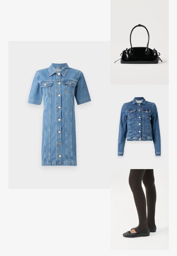 Denimjakke i mellemblå med et klassisk design, fem knapper, to brystlommer og lange ærmer. Har en let slidt tekstur.; Denimkjole i lys blå med korte ærmer, knaplukning foran, to brystlommer og lodrette sømdetaljer. Har rund krave og gyldne knapper.; Ben iført mørke ribbede leggings kombineret med sorte balletsko med små sløjfedetaljer på hvid baggrund.; Lille sort blank håndtaske med to lange håndtag og snøre-detaljer i siden på en ensfarvet lys baggrund.