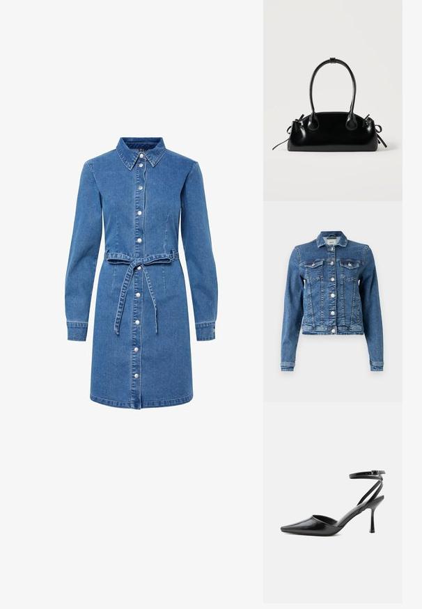 Veste en denim bleue moyenne avec un design classique, cinq boutons, deux poches poitrine et des manches longues. Présente une texture légèrement déchirée.; Robe en jean avec un col, des manches longues, une fermeture à boutons sur le devant et une ceinture nouée à la taille. Elle présente une couleur bleu clair et une texture douce.; Escarpin noir à bout pointu avec fines brides de cheville et fermeture à boucle argentée sur fond clair uni.; Petit sac à main noir brillant avec deux longues anses et des détails à cordon sur les côtés sur un fond clair uni.