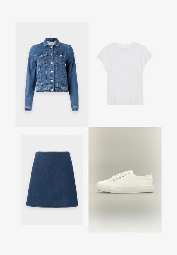 Denimjakke i mellemblå med et klassisk design, fem knapper, to brystlommer og lange ærmer. Har en let slidt tekstur.; Hvid kortærmet t-shirt med rund hals, afslappet pasform, lavet af blødt bomuldsstof. Glat tekstur, ingen mønstre eller logoer.; Denim mininederdel i mørkeblå med enkel A-form og synlige sømme langs kant og linning.; Hvid lavtop sneaker med hvide snørebånd og gummisål vist fra siden på en neutral baggrund.