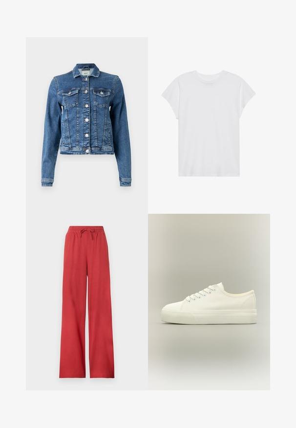 Veste en denim bleue moyenne avec un design classique, cinq boutons, deux poches poitrine et des manches longues. Présente une texture légèrement déchirée.; T-shirt blanc à manches courtes, col rond, coupe décontractée, en tissu de coton doux. Texture lisse, sans motifs ni logos.; Pantalon rouge à jambes larges avec taille élastique et cordon, en tissu doux.; Baskets basses blanches en toile avec lacets à l'avant et semelle épaisse en caoutchouc texturée sur fond neutre.