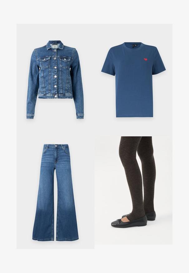 Denimjakke i mellemblå med et klassisk design, fem knapper, to brystlommer og lange ærmer. Har en let slidt tekstur.; Blå kortærmet T-shirt med rund hals og et lille rødt hjerteemblem på venstre bryst mod en ensfarvet hvid baggrund.; Bredde bukser i blå denim med høj talje, forlommer og en ren søm. Ingen synlige mønstre eller pyntegeler.; Ben iført mørke ribbede leggings kombineret med sorte balletsko med små sløjfedetaljer på hvid baggrund.