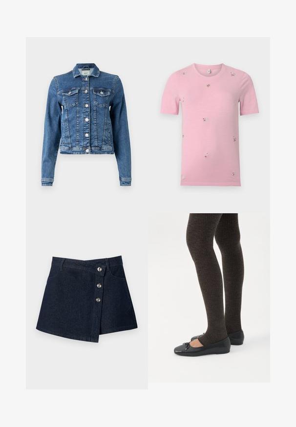 Denimjakke i mellemblå med et klassisk design, fem knapper, to brystlommer og lange ærmer. Har en let slidt tekstur.; Lyserød t-shirt med korte ærmer og små, spredte broderede blomster i forskellige farver, rund halsudskæring, ensfarvet baggrund.; Mørkeblå denim mininederdel med asymmetrisk front, sølvfarvede knapper, bæltestropper og forlommer på ensfarvet baggrund.; Ben iført mørke ribbede leggings kombineret med sorte balletsko med små sløjfedetaljer på hvid baggrund.