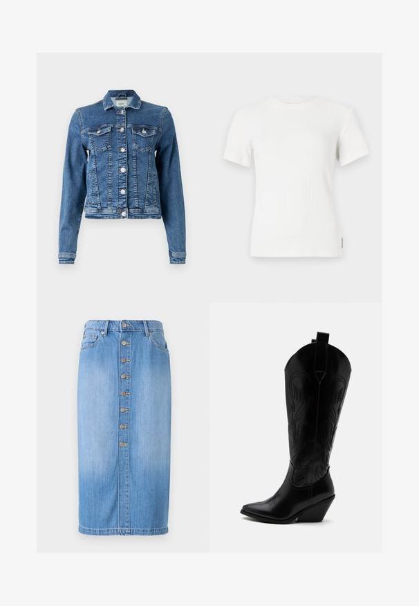 Denimjack in medium blauw met een klassiek ontwerp, vijf knopen, twee borstzakken en lange mouwen. Heeft een licht verouderde textuur.; Witte geribbelde korte mouw t-shirt met een ronde halslijn. Zachte structuur, aansluitend ontwerp en minimale stikseldetails.; Blauwe denim midi-rok met een rechte snit, voorzien van een sluiting met knopen aan de voorkant, vijf zakken en een vervaagde wassing voor textuur.; Zwarte leren cowboylaars met puntige neus, schuine blokhak, decoratieve stiksels en aantreklusjes bovenaan tegen een witte achtergrond.