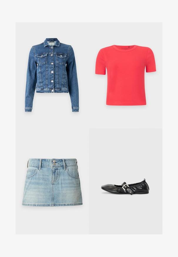 Denimjakke i mellemblå med et klassisk design, fem knapper, to brystlommer og lange ærmer. Har en let slidt tekstur.; Kortærmet, ribstrikket t-shirt lavet af blødt stof i levende koralfarve. Har rund halsudskæring og en tætsiddende silhuet.; Denimnederdel i lys blå, med en tætsiddende talje, to forlommer, to-knapslukning og en frynset kant.; Sorte læder flade sko med spids tå, samling detaljer omkring åbningen, og en sølv spænde accent på den justerbare rem.