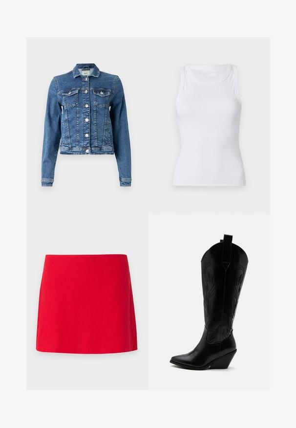 Denimjakke i mellemblå med et klassisk design, fem knapper, to brystlommer og lange ærmer. Har en let slidt tekstur.; Hvid ribbet tanktop med rund halsudskæring og ærmeløs design. Materialet virker glat med en tætsiddende silhuet. Ingen synlige mønstre eller accenter.; Rød linned mini nederdel med et enkelt, lige design, der fremhæver en glat tekstur uden synlige mønstre eller hardware.; Sort læder cowboystøvle med spidst tåparti, skråt blokhælhæl, dekorative sømme og trækstropper øverst mod hvid baggrund.