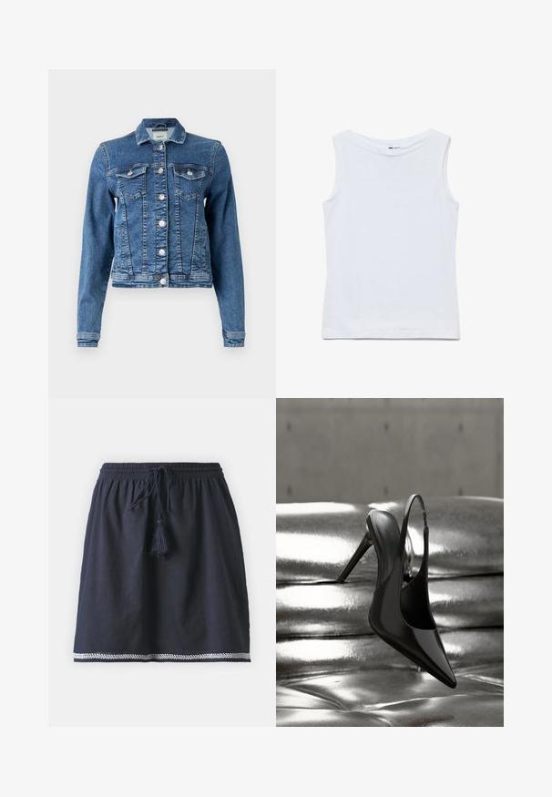 Denimjack in medium blauw met een klassiek ontwerp, vijf knopen, twee borstzakken en lange mouwen. Heeft een licht verouderde textuur.; Mouwloze witte katoenen top met een brede ronde hals en rechte zoom, plat uitgestald op een witte achtergrond.; Marineblauwe rok met een elastische tailleband en trekkoord, gekenmerkt door een textuurstof en een witte decoratieve rand aan de zoom.; Glanzende zwarte slingback pump met hoge hak, gebalanceerd op een glanzend zilverkleurig metalen kussen met een gladde textuur.