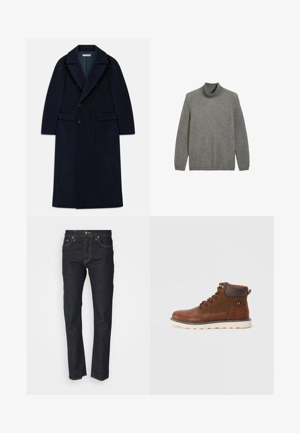 Tumedast sinine kahepaneelne pikk villane mantel laiate klappidega ja flapi taskutega, mis on mõeldud külmade ilmade jaoks.; Hallid ribaga ja pika varrukaga turtleneck sviiter hallil taustal, millel on istuv krae.; Tumed sinine denim ülevalt sirge lõikega teksad, mis on varustatud nööpkinnitusega, viie tasku ja kuldsete õmblustega. Sujuv tekstuur.; Pruun nahast ja sametist põlvikujuline saabas ümmarguse varbaga, kontrastse valge tallaga, nööridega kummutus ning väike kolmikvärviline aktsent.