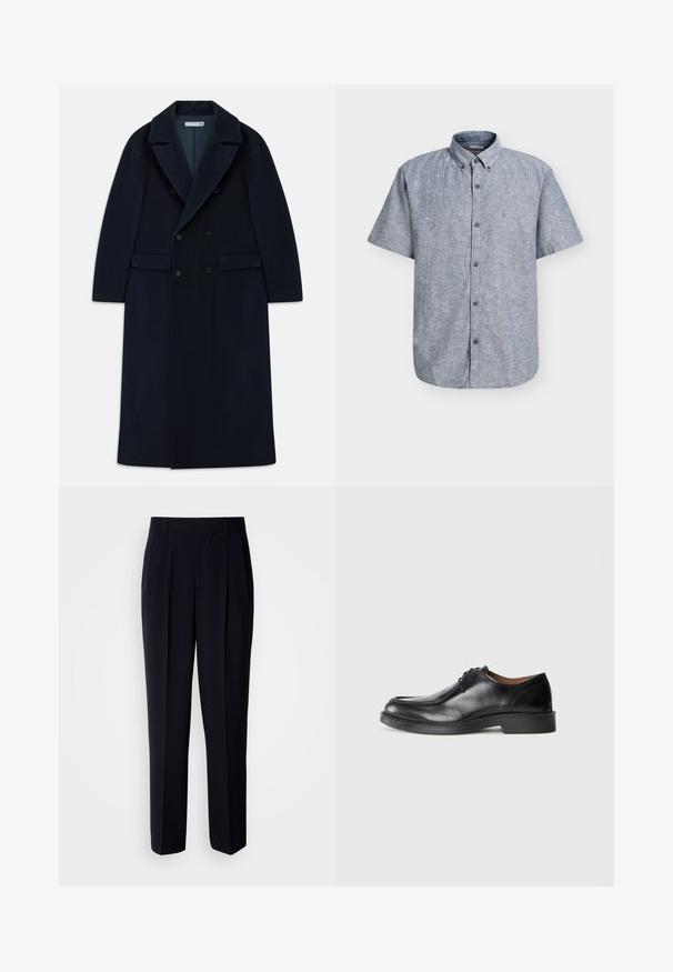 Abrigo largo de lana azul marino con doble botonadura, solapas anchas y bolsillos con solapa, diseñado para climas fríos.; Camisa de manga corta, azul claro, con botones y cuello abotonado, confeccionada en tela texturizada, exhibida sobre un fondo blanco liso.; Pantalones azul marino con parte delantera plisada, ajuste entallado y textura de tela suave, con trabillas para cinturón y diseño de pierna recta.; Zapato de vestir de cuero negro con punta redonda, superficie lisa, detalles de cordones y suela de goma texturizada baja. Líneas limpias y diseño minimalista.