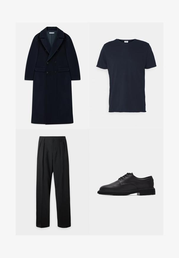 Abrigo largo de lana azul marino con doble botonadura, solapas anchas y bolsillos con solapa, diseñado para climas fríos.; Camiseta de algodón azul marino con cuello redondo y mangas cortas, de textura suave y diseño simple, sin patrones ni acentos visibles.; Pantalones negros de talle alto y corte sastre, con presillas para cinturón, pliegues delanteros, cierre de botones y piernas anchas y rectas sobre un fondo claro.; Zapato de vestir para hombre de cuero negro con cordones, acabado liso y suela gruesa de goma, mostrado de perfil sobre fondo blanco.