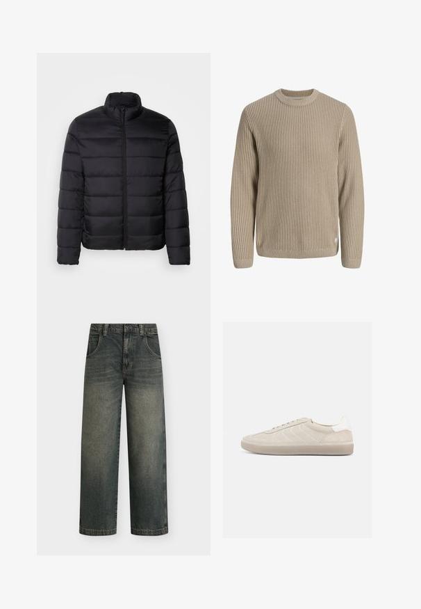 Zwarte pufferjack met een hoge kraag, gedetailleerd met stiksel, volledige ritssluiting aan de voorkant en lange mouwen. Glad, glanzend materiaal met een minimalistische uitstraling.; Beige geribde gebreide trui met lange mouwen en ronde hals, weergegeven tegen een lichte achtergrond.; Donkere denim jeans met wijde pijpen en een vervaagde wassing, vijf zakken en een knoopsluiting; voorzien van contrasterende stiksels en een rechte zoom.; Beige suède sneaker met een gestructureerd bovenwerk, een gladde witte hielkap, dunne veters en een rubberen buitenzool. Heeft een slank, laag profiel.