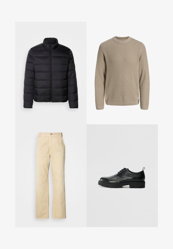 Veste doudoune noire avec un col haut, un design matelassé, une fermeture éclair sur toute la longueur à l'avant et des manches longues. Tissu lisse et brillant avec un look minimaliste.; Pull en maille côtelée beige avec manches longues et col rond, présenté sur un fond clair.; Pantalon large couleur kaki en coton doux, avec une fermeture par un seul bouton, des poches avant et des coutures apparentes le long des coutures.; Chaussure en cuir noir à bout arrondi, présentant un design à lacets, une semelle en caoutchouc noire robuste et un petit onglet de talon à l'arrière.